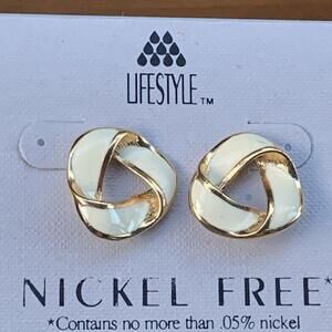 Vintage Cream Enamel Knot Stud Earrings Gold Tone Accents Retro 50s 60s Fashion